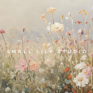May include: An impressionistic painting of a wildflower meadow. The artwork features a soft colour palette of pink, peach, and white flowers, with green stems and leaves. The text "SMALL LILY STUDIO" is displayed in white across the bottom.