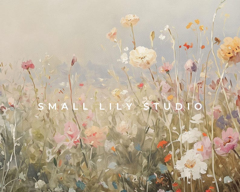 May include: An impressionistic painting of a wildflower meadow. The artwork features a soft colour palette of pink, peach, and white flowers, with green stems and leaves. The text "SMALL LILY STUDIO" is displayed in white across the bottom.