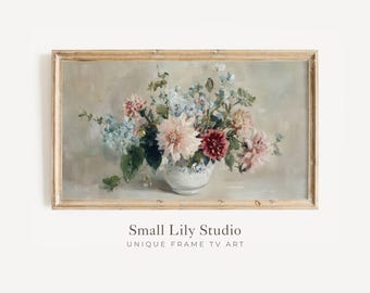FRAME TV Art Blue and Pink Flower Bouquet, Spring Samsung Frame TV Art, Vintage Style Floral Painting, Mother's Day Flowers Artwork | TV1257