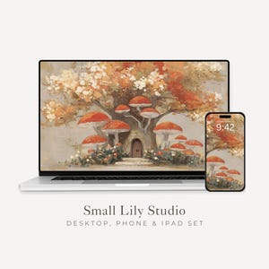 May include: A digital art set featuring a whimsical mushroom house scene displayed on a laptop and smartphone. The artwork showcases a tree with red-capped mushrooms and a small door. The text "Small Lily Studio" is visible.