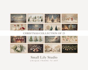 May include: A collection of 15 framed art prints with Christmas themes. The prints feature winter scenes, Santa Claus, reindeer, and festive decorations. The text "CHRISTMAS COLLECTION OF 25" and "Small Lily Studio UNIQUE FRAME TV ART" are visible.