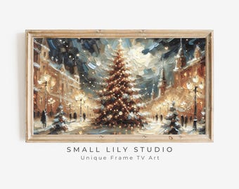 FRAME TV art Christmas Tree in Town Square, Frame TV Christmas Lights textured artwork, Samsung Frame tv art vintage style painting | TV484