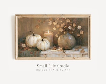 FRAME TV Art White Pumpkins and Candle, Samsung Frame TV Art Fall Leaves Still Life, Vintage Style Autumn Painting | TV1378