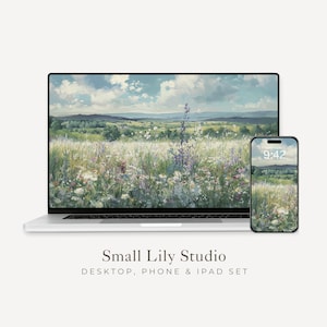 Spring Wildflowers Desktop Wallpaper Set, Floral Landscape Phone Wallpaper, Blue Green iPhone Wallpaper, Aesthetic iPad Background | WS004
