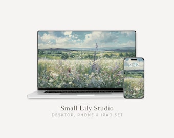 Spring Wildflowers Desktop Wallpaper Set, Floral Landscape Phone Wallpaper, Blue Green iPhone Wallpaper, Aesthetic iPad Background | WS004