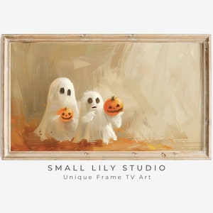 Halloween FRAME TV art Cute Ghosts Holding Pumpkins, Neutral Halloween Samsung Frame tv art ghosts, Fun spooky Halloween TV artwork | TV402