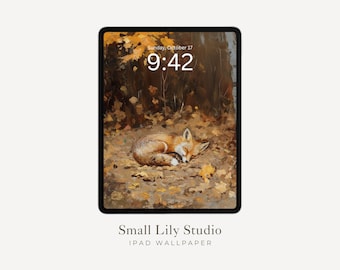 Sleeping Fox iPad Wallpaper, Fall iPad Background, Cute Animal Tablet Wallpaper, Autumn Woodlands Vintage Style Painting | WT075