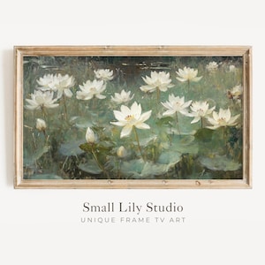 Arte para televisor FRAME: Nenúfares blancos, arte para televisor Samsung Frame estilo vintage con pintura floral verde, protector de pantalla para televisor con estanque de flores de loto / TV603