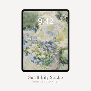 Sfondo per iPad con giardino blu e verde, sfondo per iPad con acquerello, dipinto floreale in stile vintage, sfondo estetico per tablet / WT002