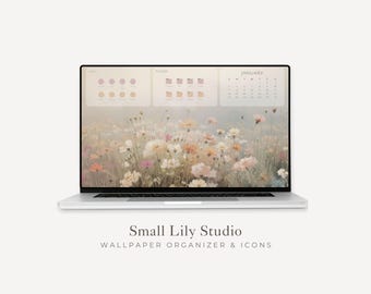 2026-2027 Pink Floral Desktop Wallpaper Organizer, Laptop Background and Folder Icons Set, Digital Monthly Calendar Windows Mac | WO008