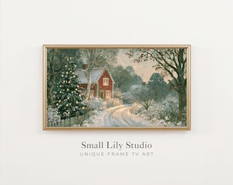 FRAME TV Art Scandinavian Christmas Cottage, Holiday Season Samsung Frame TV Art, Vintage Style Winter Painting | TV1482