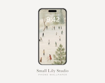 Ice Skaters Phone Wallpaper, Winter Skating iPhone Wallpaper, Whimsical Samsung Galaxy Phone Background, Vintage Style Winter Art | WP308