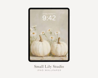Papel de parede para iPad com abóboras brancas, fundo de outono para iPad, papel de parede para tablet com tema de outono, pintura em estilo vintage neutro | WT126