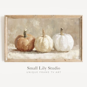 FRAME TV art Three Pumpkins, Neutral Fall Samsung Frame TV art, Thanksgiving tv screensaver vintage style painting | TV925
