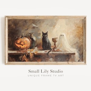 May include: A framed painting featuring Halloween imagery. A carved pumpkin with a lit face sits next to a black cat, a ghost, and a chalice. The artwork has a vintage, rustic style with warm, autumnal colors.