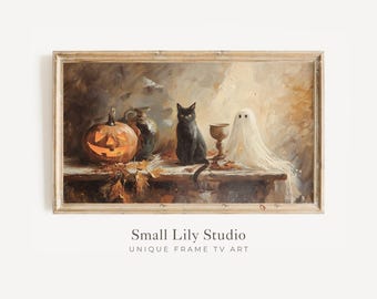 Halloween Rahmen TV Kunst Geist schwarze Katze und Kürbis, Herbst Halloween Samsung Rahmen TV Kunst gruselige Vintage Stil strukturiertes Ölgemälde | TV366
