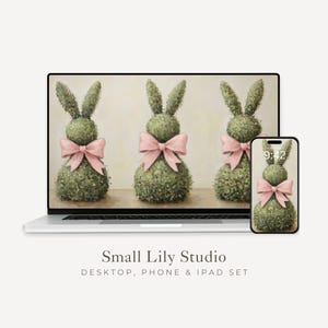 Topiary Bunnies Wallpaper Set, Cute Easter Phone Wallpaper, Rabbits with Pink Bows iPhone Wallpaper, Aesthetic iPad Background | WS184