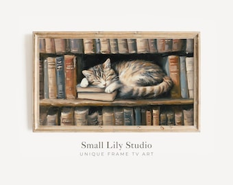 FRAME TV art Cat Sleeping with Books, Samsung Frame TV art for Book lovers, Cute Cat Lover vintage style tv picture bookish painting | TV654