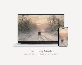 Winter Carriage Ride Desktop Wallpaper Set, Christmas Phone Wallpaper, iPhone Wallpaper, Pink iPad Background Vintage Style | WS306