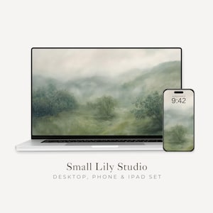 Fondo de pantalla de día lluvioso, paisaje verde para teléfono, relajante para iPhone, pintura vintage para iPad / WS020