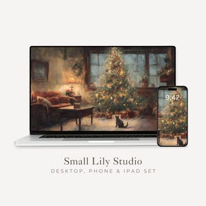 Op de afbeelding: Een laptop en smartphone tonen een gezellige kerstscène met een versierde boom, cadeaus en een zwarte kat. De tekst "Small Lily Studio" staat onder de apparaten, met "Desktop, Phone & iPad Set".