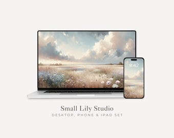 Dreamy Watercolor Desktop Wallpaper Set, Wildflower Field Phone Wallpaper, Flowers iPhone Wallpaper, Aesthetic iPad Background | WS009
