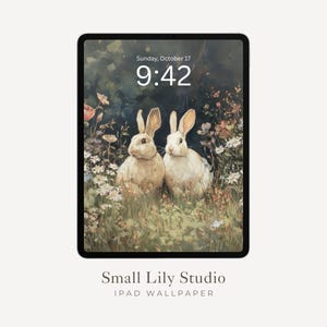 Rabbits and Flowers iPad Wallpaper, Spring iPad Background, Cute Bunnies Tablet Wallpaper, Vintage Style Easter Painting | WT188
