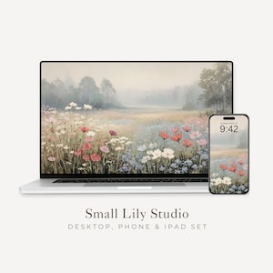Wildflowers in Fog Wallpaper Set, Floral Phone Wallpaper, Red and Blue Flowers iPhone Wallpaper, iPad Background Vintage Style | WS060 image 1