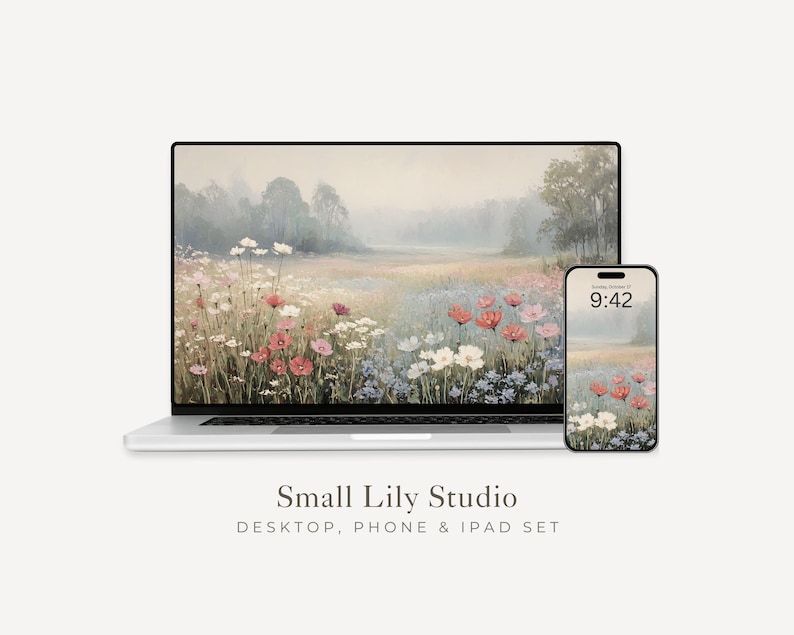 Wildflowers in Fog Wallpaper Set, Floral Phone Wallpaper, Red and Blue Flowers iPhone Wallpaper, iPad Background Vintage Style | WS060 image 1