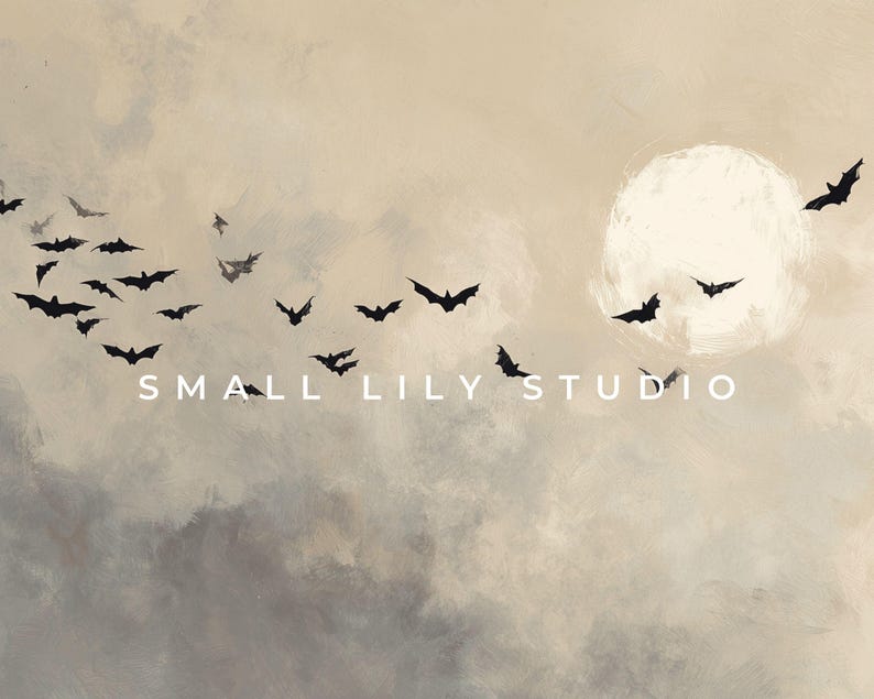 May include: An artistic depiction of a night sky with a full moon and a flock of black bats in flight. The text "SMALL LILY STUDIO" is displayed in white across the image, which has a vintage, painted aesthetic.