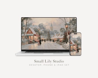 Christmas Markets Desktop Wallpaper Set, Winter Phone Wallpaper, Festive iPhone Wallpaper, Aesthetic iPad Background Vintage Style | WS290
