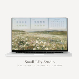 Puede incluir: Un portátil plateado muestra un fondo de pantalla con un campo de flores blancas y rosas bajo un cielo azul. La pantalla muestra iconos de aplicaciones, carpetas y un calendario. El texto "Small Lily Studio" está debajo.