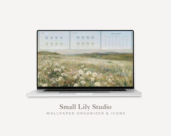 2026-2027 Daisy Field Desktop Wallpaper Organizer, Macbook Wallpaper Calendar & Folder Icons, Aesthetic Laptop Background Mac PC | WO015