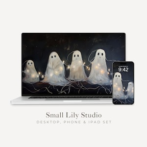 Fondo de pantalla de fantasmas de Halloween, fondo de pantalla espeluznante para teléfono, fondo de pantalla en blanco y negro para iPhone, fondo de pantalla de familia fantasma para iPad / WS032