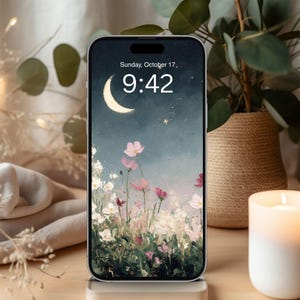 Conjunto de fondos de pantalla para escritorio Jardín Nocturno, Fondo de pantalla para teléfono Flores Oscuras, Fondo de pantalla floral para iPhone, Fondo celestial para iPad Luna y estrellas / WS013 imagen 4