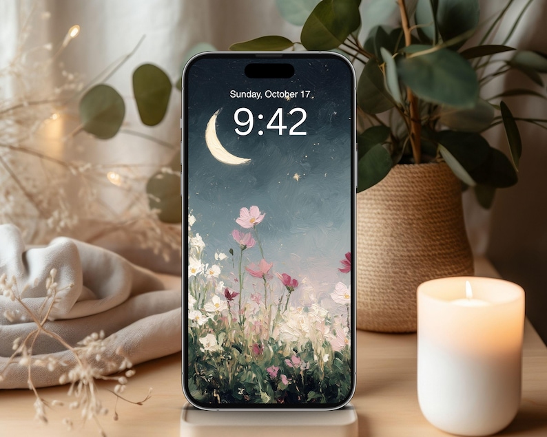 Conjunto de fondos de pantalla para escritorio Jardín Nocturno, Fondo de pantalla para teléfono Flores Oscuras, Fondo de pantalla floral para iPhone, Fondo celestial para iPad Luna y estrellas / WS013 imagen 4