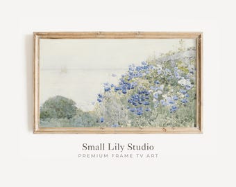 FRAME TV art blue wildflowers by sea, Spring Floral Samsung Frame tv art, Vintage watercolor painting flower landscape blue green | TV261