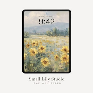 May include: A black iPad displaying a digital painting of a sunflower field under a cloudy sky. The time is 9:42 AM on Sunday, October 17. The text "Small Lily Studio" and "iPad Wallpaper" are at the bottom.