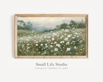 FRAME TV Art White Wildflowers, Samsung Frame TV Art Spring Floral Landscape, Moody Vintage Style Flowers Painting | TV1372