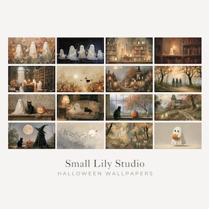 May include: A collection of fifteen digital Halloween wallpapers from Small Lily Studio featuring ghosts, black cats, pumpkins, witches, and autumn landscapes in a grid layout. The images display various scenes including libraries, forests, and houses.