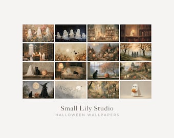 Halloween Desktop Wallpaper Bundle of 16, Ghosts Macbook Wallpaper, Cute Laptop Background, Spooky Vintage Style Painting | WB001
