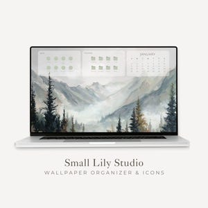 Organizador de Papel de Parede para Desktop 2026-2027, Plano de Fundo de Montanhas para Laptop e Pacote de Ícones de Pastas, Calendário Mensal Digital para Windows e Mac | WO012