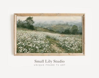 FRAME TV Art White Wildflower Field, Samsung Frame TV Art Spring Floral Landscape, Moody Vintage Style Countryside Painting | TV1373