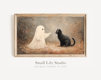 Arte para TV com moldura de Halloween, fantasma e gato preto em estilo vintage, pintura a óleo texturizada e assustadora para Samsung Frame | TV417