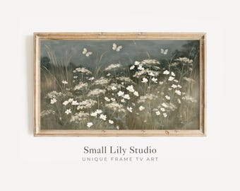 FRAME TV Art Moody Flowers and Butterflies,  Samsung Frame TV Art White Wildflowers, Dark Vintage Style Landscape Painting | TV1354