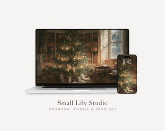 Moody Christmas Tree Desktop Wallpaper Set, Festive Phone Wallpaper, Bookish iPhone Wallpaper, iPad Background Vintage Style | WS304