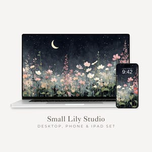 Nachtblumen Desktop Wallpaper, Dark Garden Hintergrundbilder, Blumen iPhone Wallpaper, Celestial iPad Hintergrund Mond Sterne | WS014
