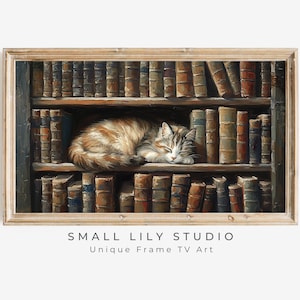 FRAME TV art Cat Sleeping in Dark Library, Samsung Frame TV art for Book lovers, Cute Cat vintage style tv picture bookish painting | TV653
