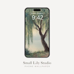 Weeping Willow Phone Wallpaper, Tree iPhone Wallpaper, Relaxing Samsung Galaxy Phone Background, Green Vintage Style Painting | WP031