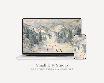 Ensemble de papier peint ski, paysage d'hiver pour téléphone, papier peint vacances pour iPhone, arrière-plan iPad style vintage | WS142